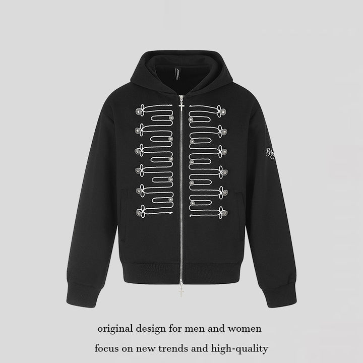 Unisex Zip-Hooded Jacket in Military Style with Decorative Cords and Metal Buttons Mune Fashion