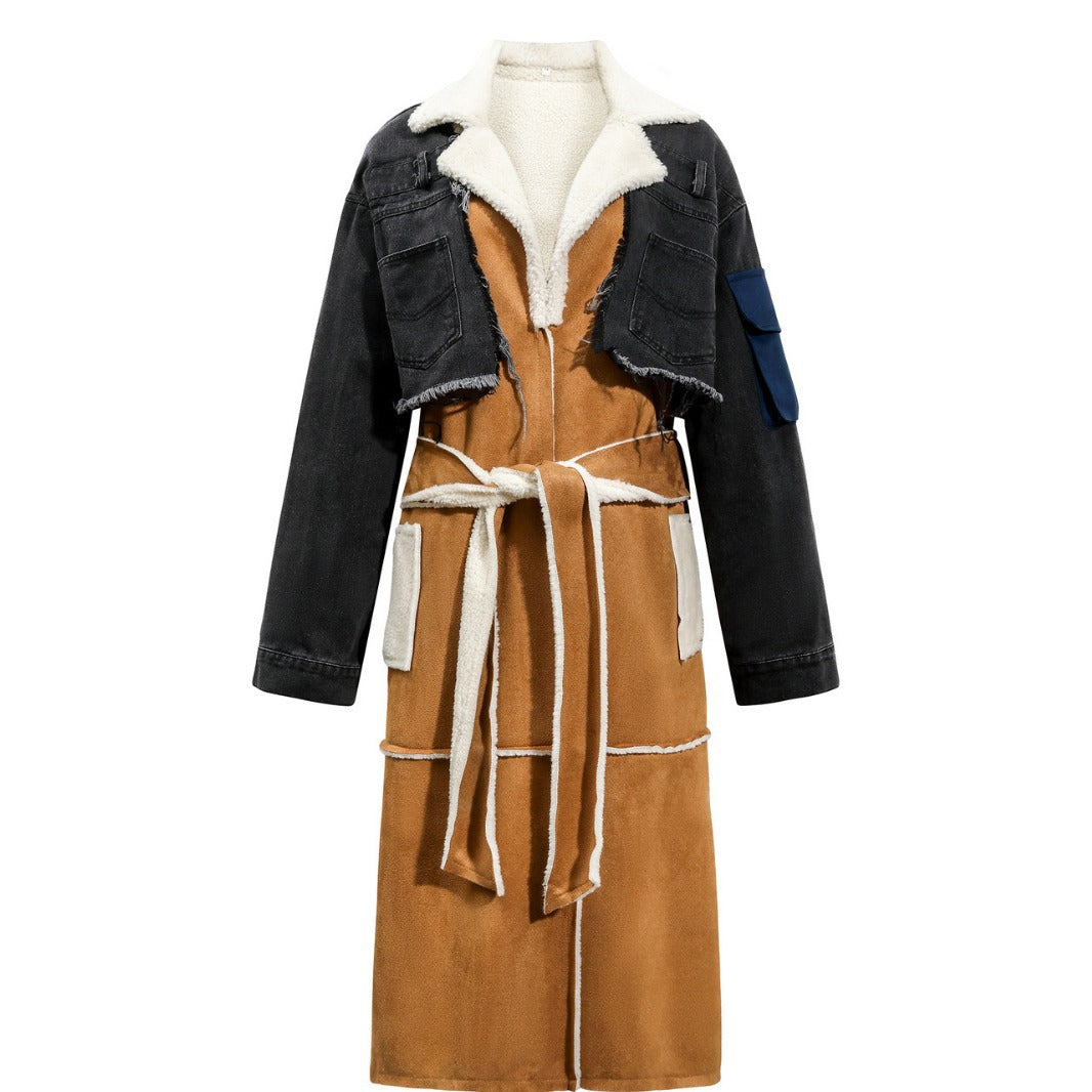 Women's coat in lambskin look with short jeans overlay and waist belt Mune Fashion