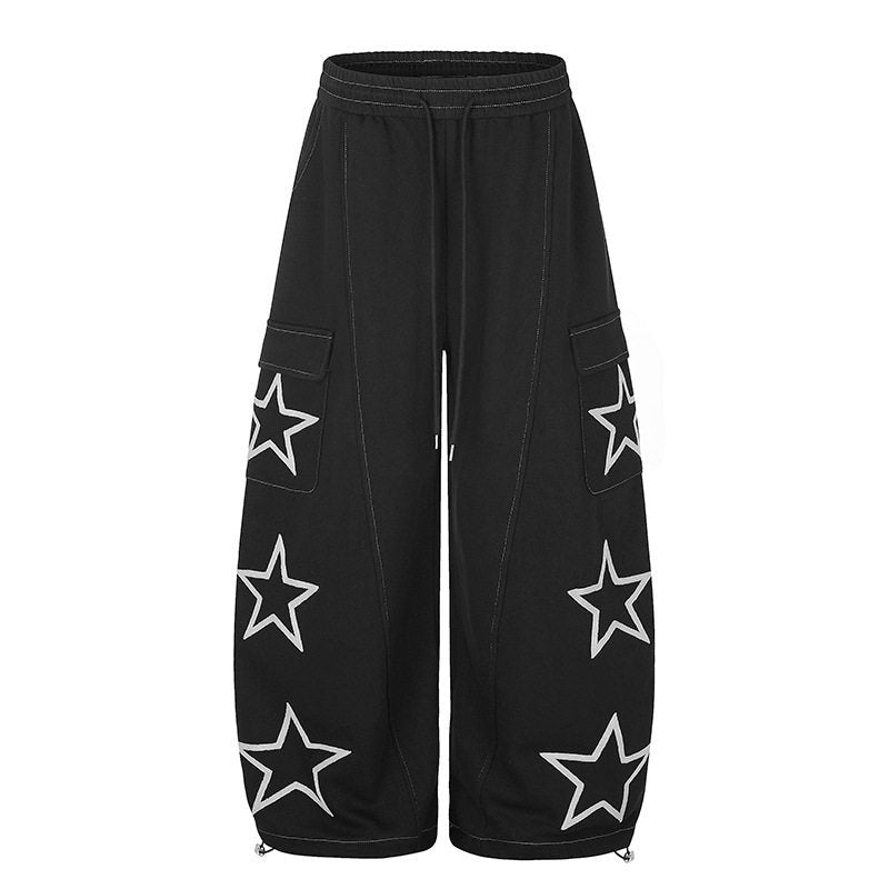 Women’s Wide Cargo Sweatpants with Star Appliqués and Drawstring Waist Mune Fashion