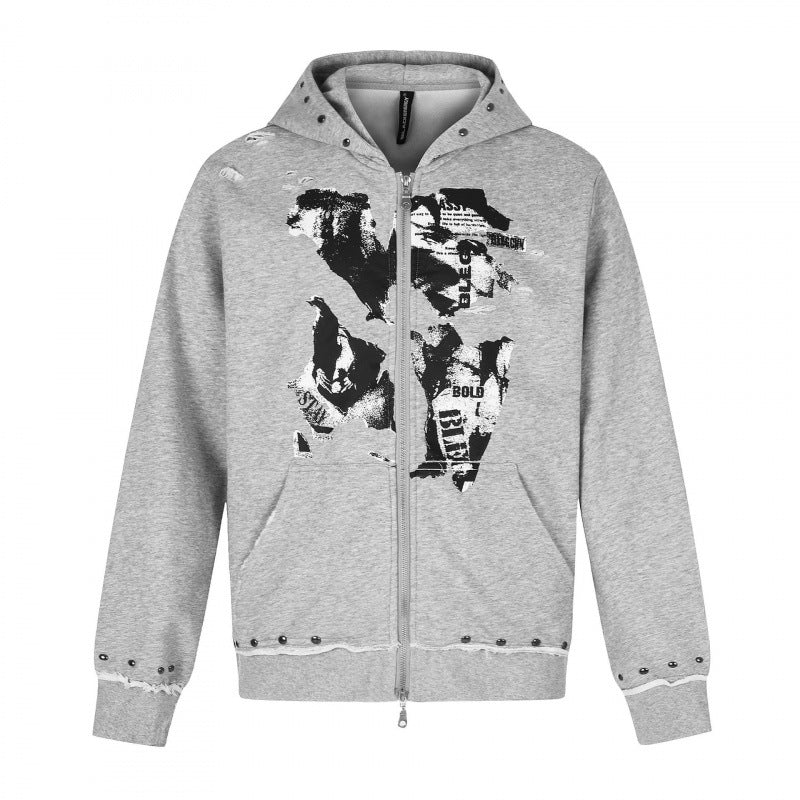 [Men] Hooded sweatshirt jacket with full zip, vintage print and studded details Mune Fashion