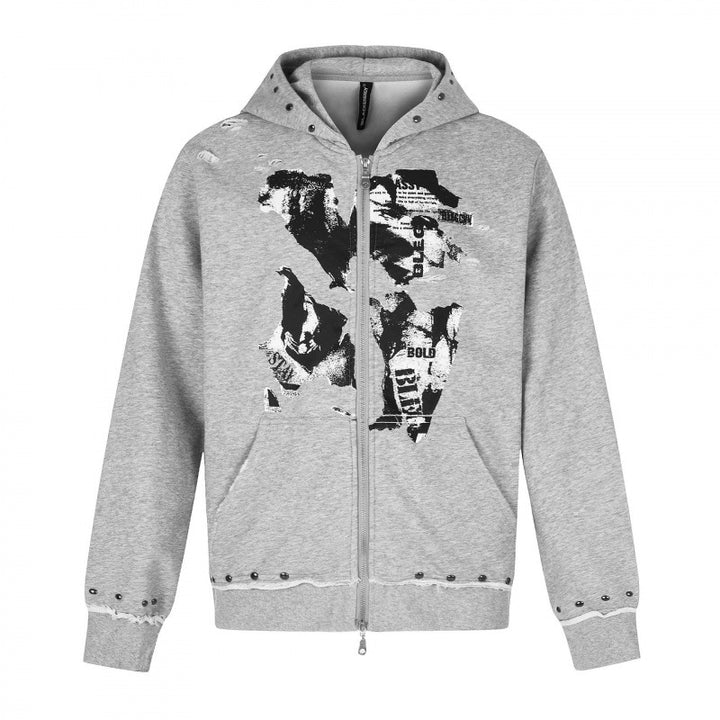 [Men] Hooded sweatshirt jacket with full zip, vintage print and studded details Mune Fashion