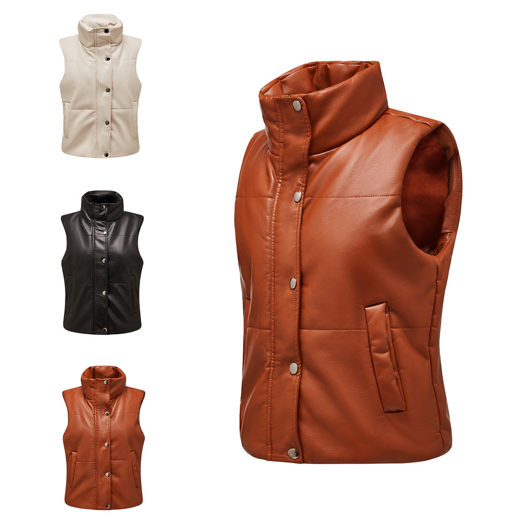 Women's quilted faux leather vest with high standing collar and concealed snap button placket Mune Fashion