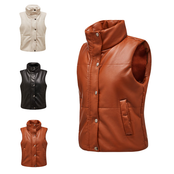 Women's quilted faux leather vest with high standing collar and concealed snap button placket Mune Fashion