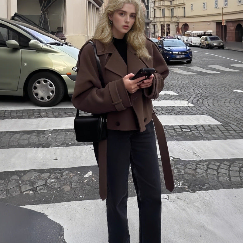 Women Short Oversized Wool Coat with Large Lapel Collar and Waist Belt Mune Fashion