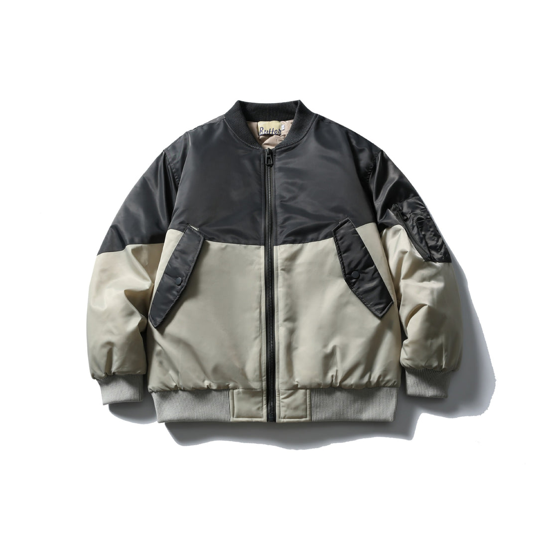 Unisex Short Cut Two-Tone Nylon Bomber Jacket with Utility Flap Pockets and Sleeve Zipper Mune Fashion