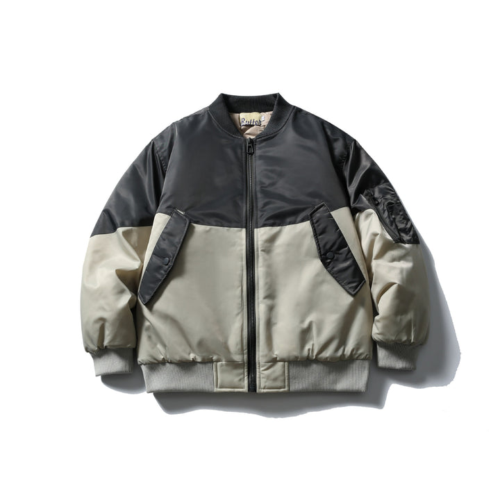 Unisex Short Cut Two-Tone Nylon Bomber Jacket with Utility Flap Pockets and Sleeve Zipper Mune Fashion