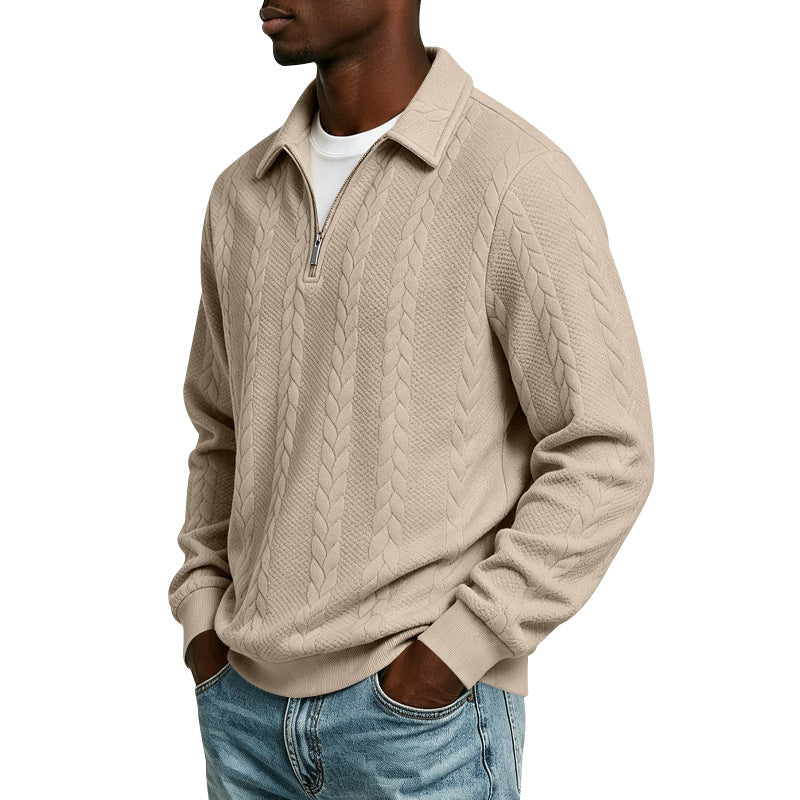 Men's Troyer Knit Sweater with Half Zipper and Cable Pattern Mune Fashion