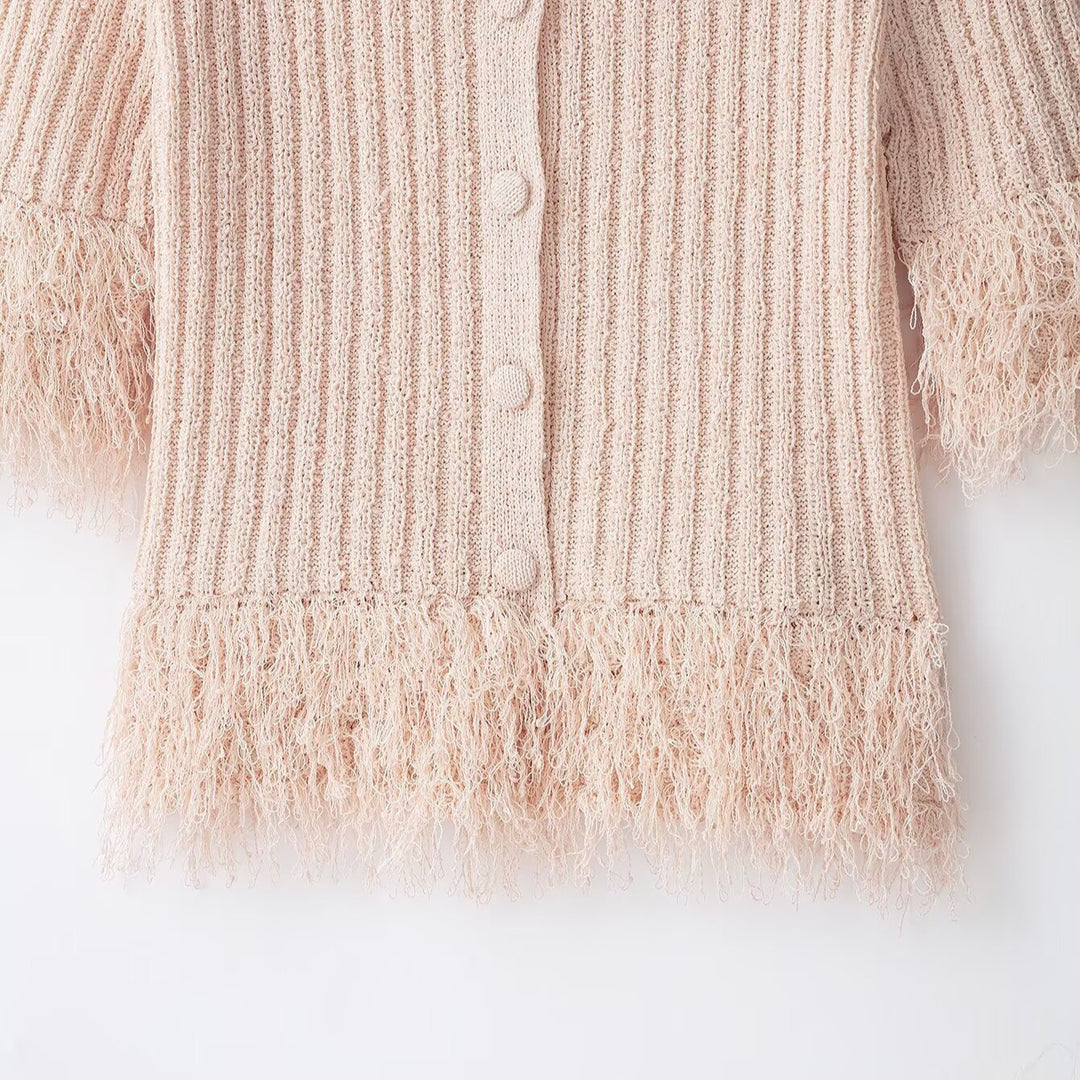 Ladies Boucle Cardigan with Fringe Sleeves and Hidden Button Placket Mune Fashion