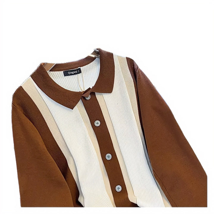 Women's Fine Knit Cardigan with Polo Collar, Contrasting Ribbed Inserts and Continuous Button Placket Mune Fashion