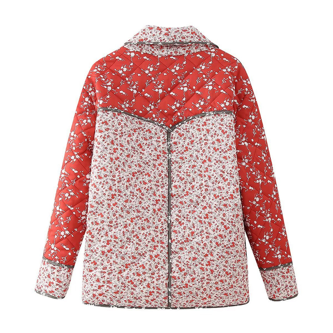 Women's quilted patchprint transitional jacket with shawl collar, decorative piping, and patch pockets Mune Fashion