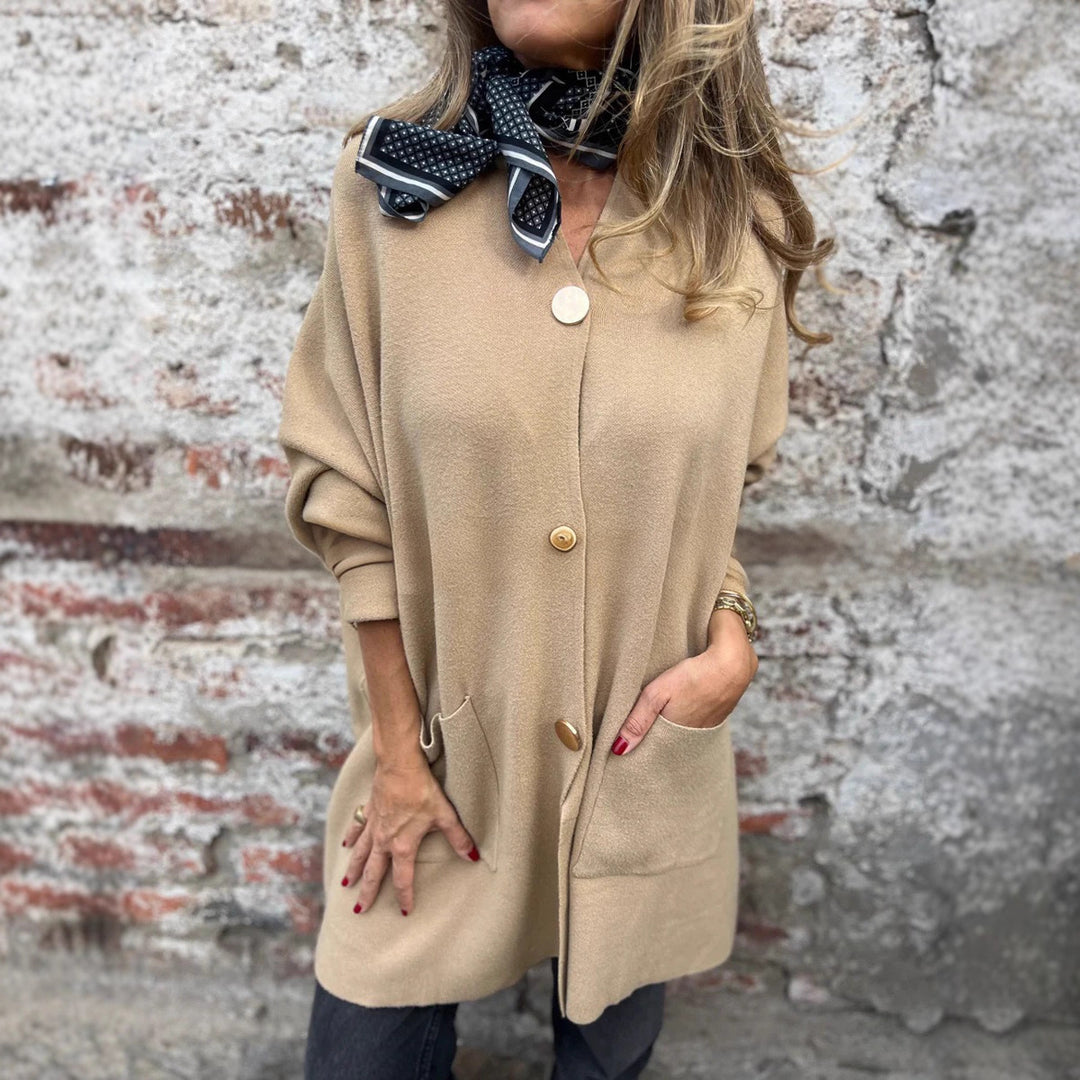 Women Oversized Knit Coat-Cardigan with Sewn Pockets and Decorative Buttons Mune Fashion