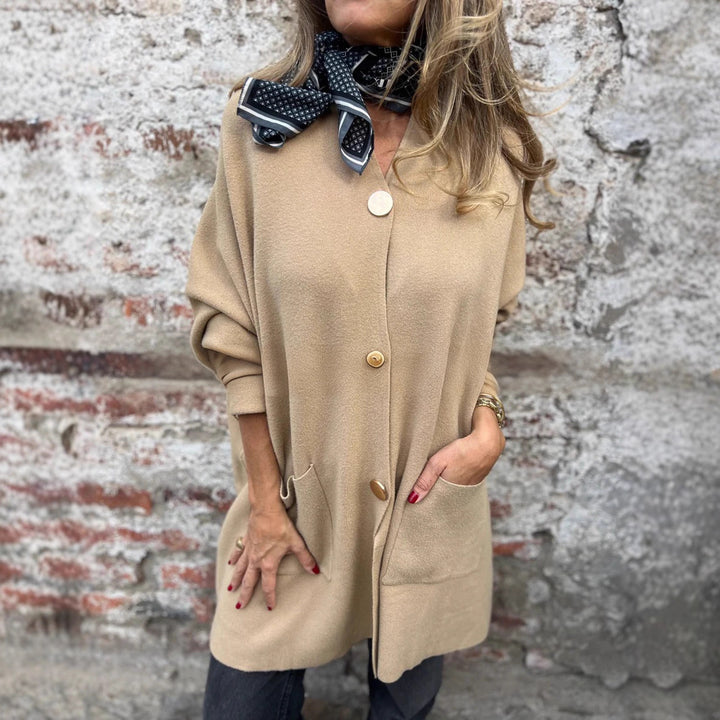 Women Oversized Knit Coat-Cardigan with Sewn Pockets and Decorative Buttons Mune Fashion