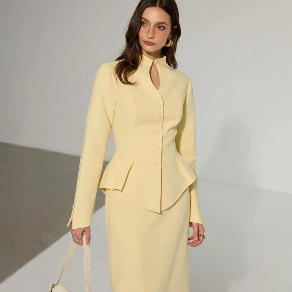Women's Two-Piece Tailored Blazer and Pencil Skirt Set with Stand Collar and Peplum Dress