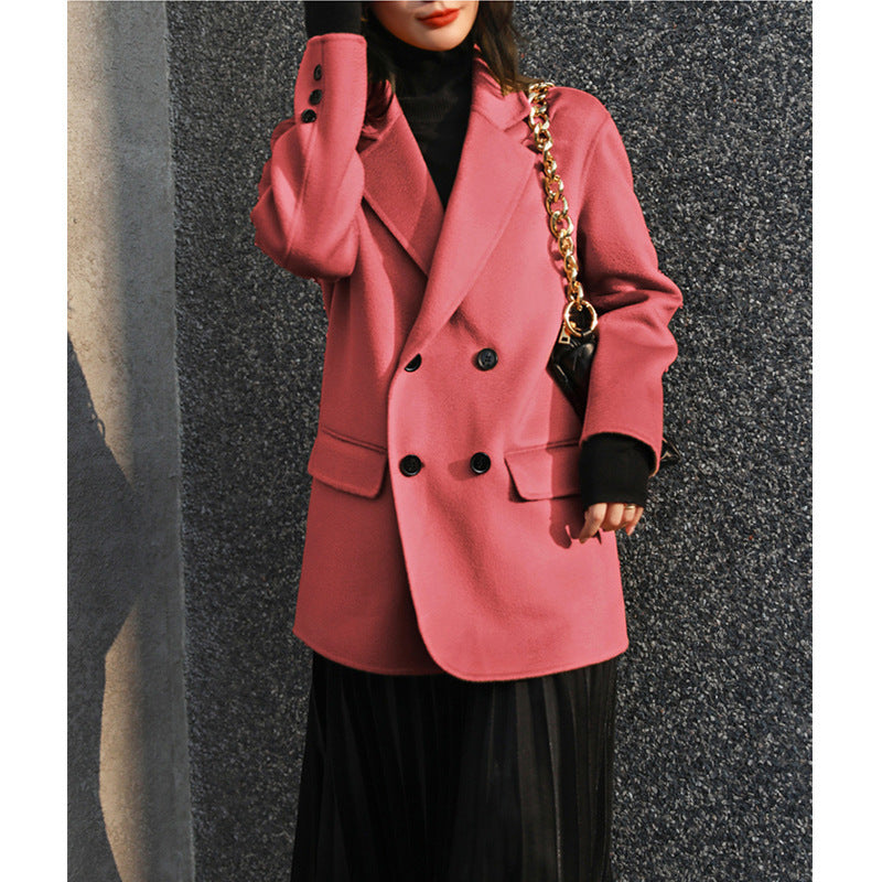 Women Elegant Long Blazer with Double Button Placket Mune Fashion