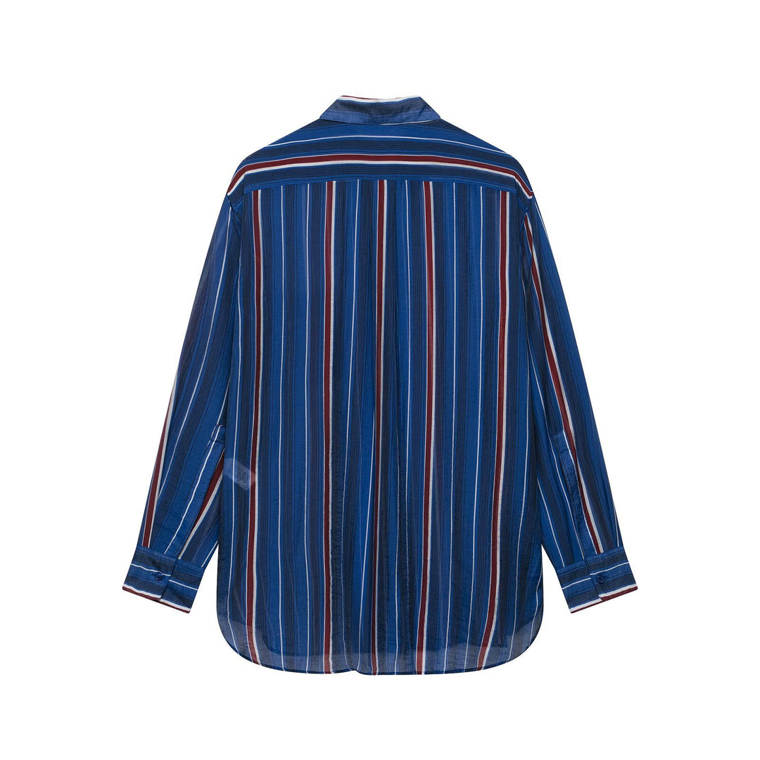 Women Oversize Shirt with Vertical Stripes and Chest Pocket Mune Fashion