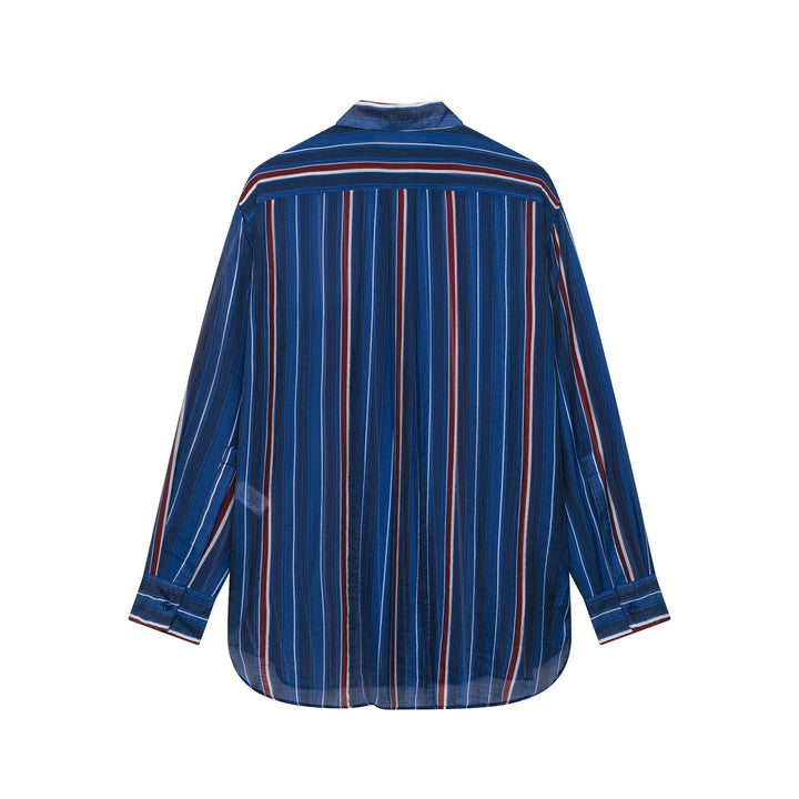 Women Oversize Shirt with Vertical Stripes and Chest Pocket Mune Fashion