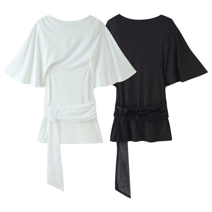 Women's flowing blouse top with cape sleeves and decorative waist scarf Mune Fashion