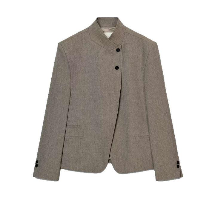 Women's asymmetric short blazer with stand collar and concealed button placket Mune Fashion