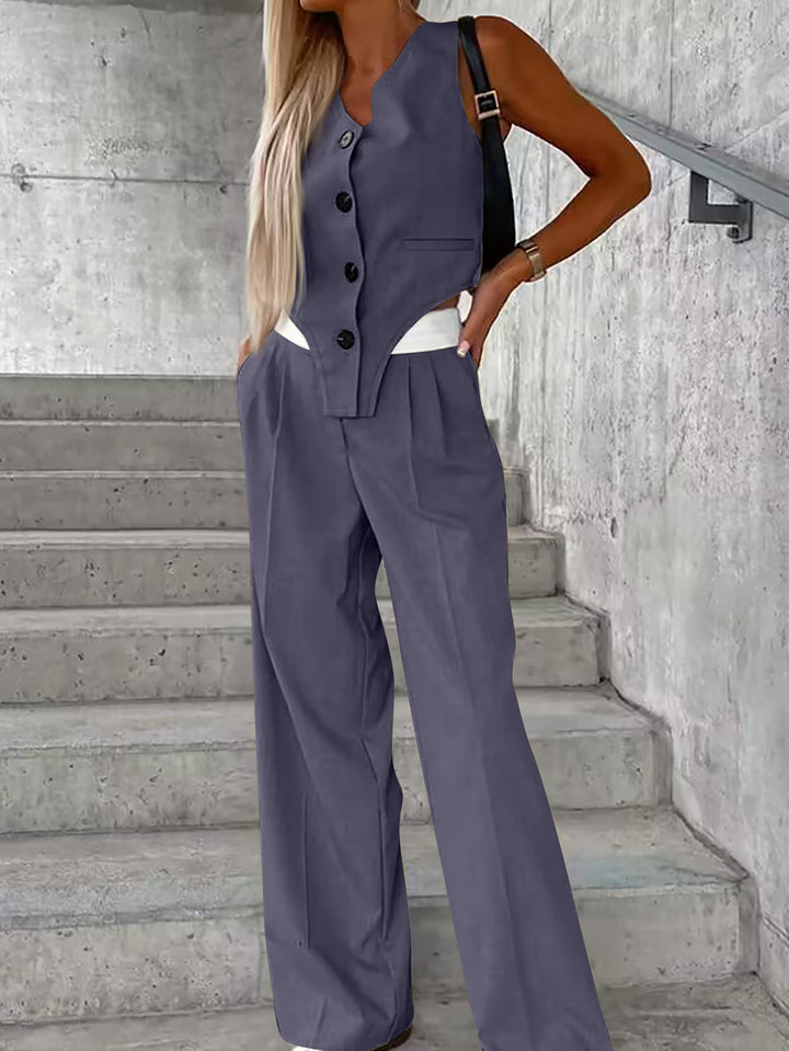 Women Asymmetrical Gilet and Palazzo Pants Set with Pleats and Side Pockets Mune Fashion