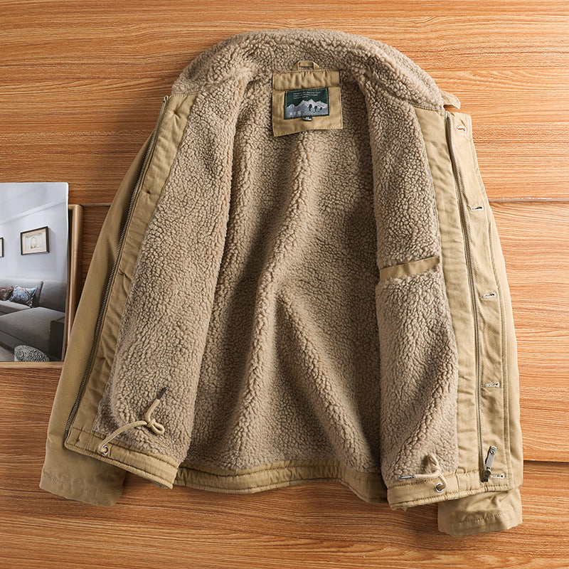 Men's military-inspired canvas jacket with teddy collar, insulating inner lining, and drawstring hood