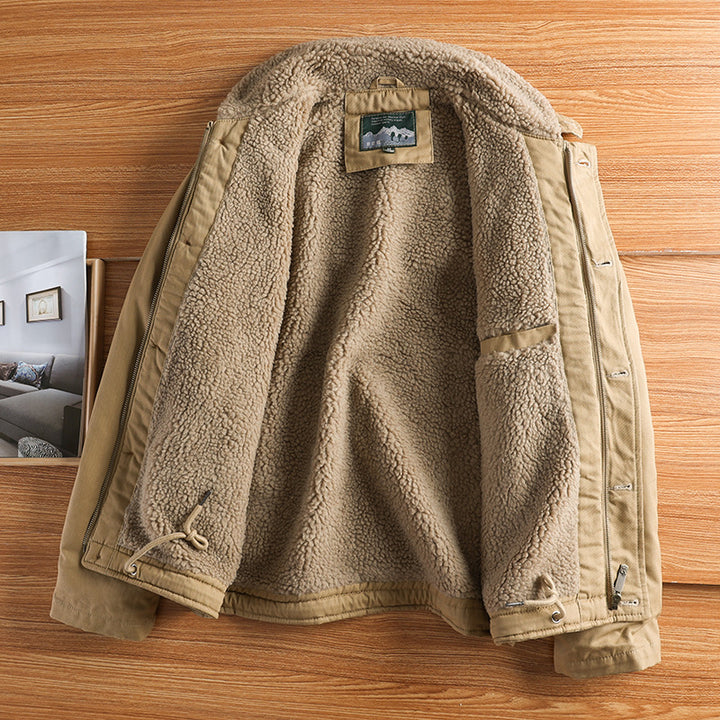 Men's military-inspired canvas jacket with teddy collar, insulating inner lining, and drawstring hood