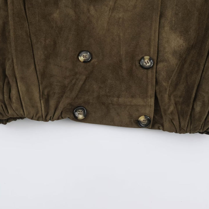 Women's Short-Cut Double-Breasted Suede-Look Bomber with Stand-Up Collar and Shoulder Patches Mune Fashion