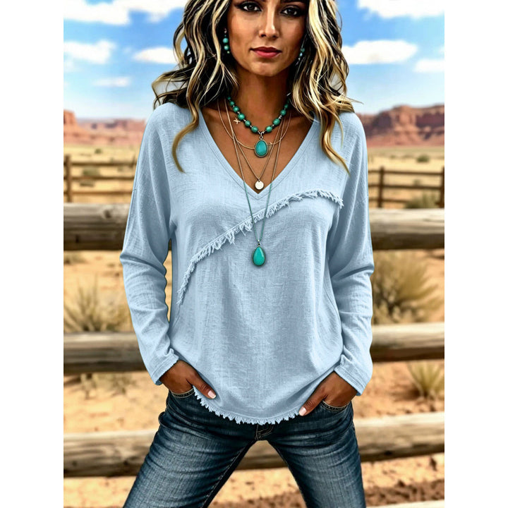 Women's Casual V-Neck Long Sleeve Shirt with Diagonal Fringed Trim and Textured Fabric Mune Fashion