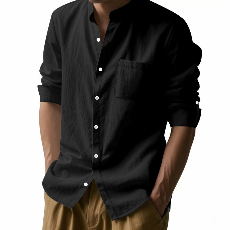 Men's linen shirt with stand-up collar and roll-up sleeves Mune Fashion