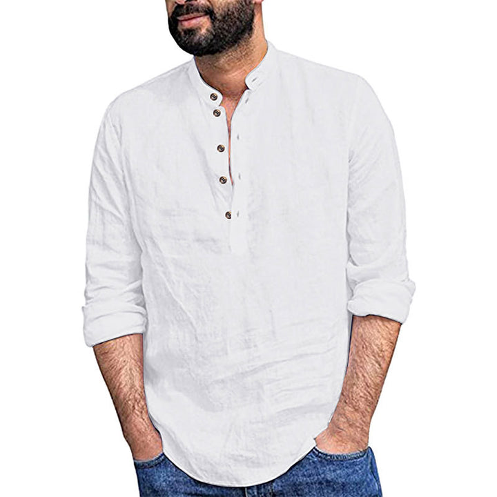 Men's relaxed long sleeve Henley shirt made of breathable linen blend with stand-up collar Mune Fashion