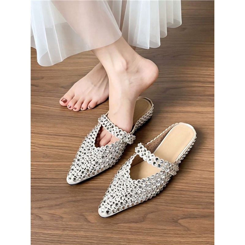 Women pointed toe Mule with sparkling crystal applications and strap Mune Fashion