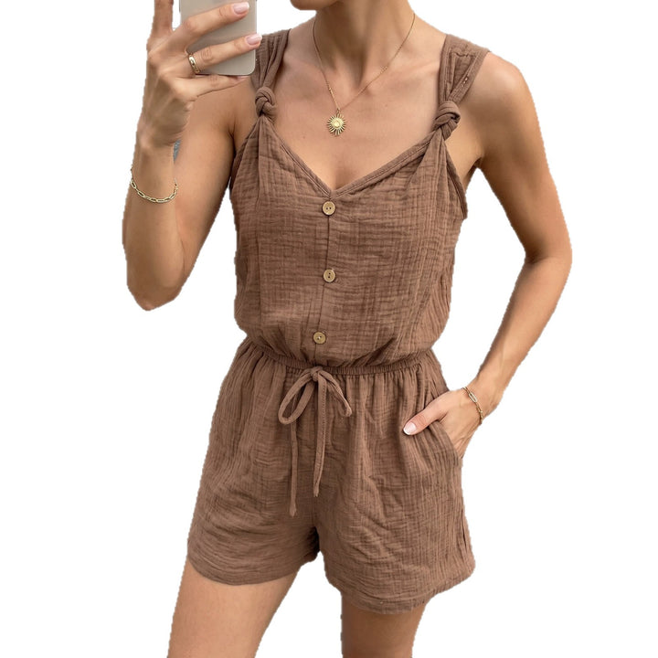 Women's casual jumpsuit with button-down V-neck and elastic waistband Mune Fashion
