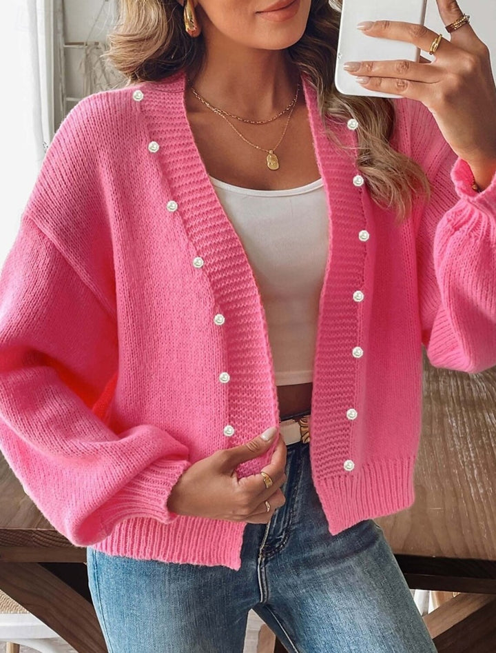 Women's chunky knit cardigan with pearl buttons and balloon sleeves Mune Fashion