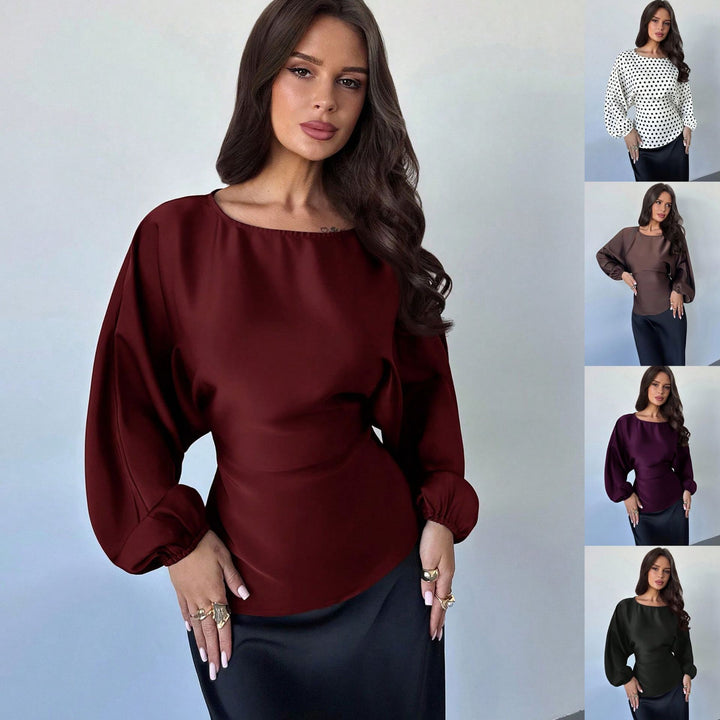Women's Polka-Dot Satin Blouse with Balloon Sleeves and Wide Round Neckline Mune Fashion