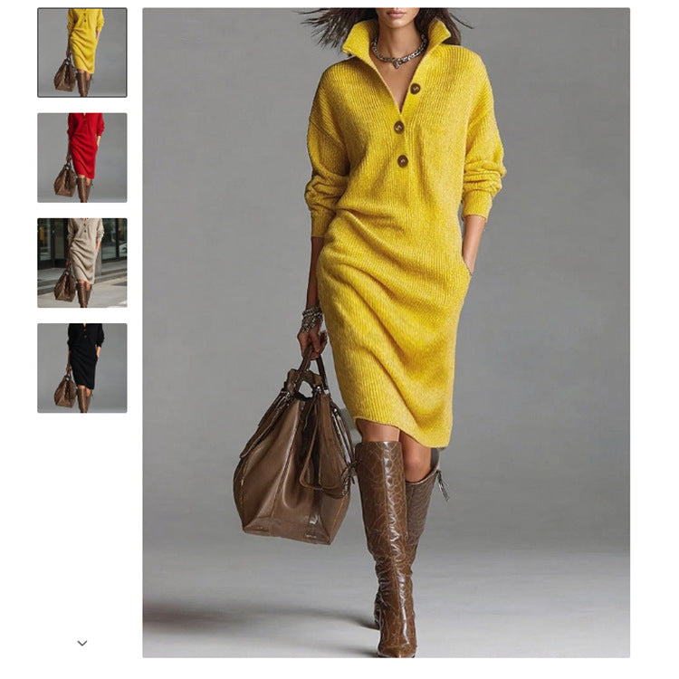 Women's knitted sweater dress with polo collar, patch pockets and casual fit Mune Fashion
