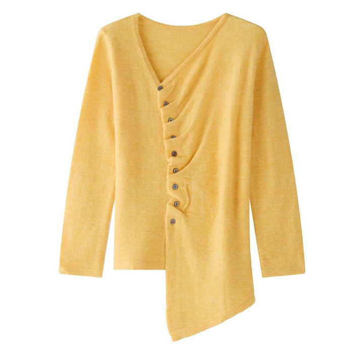 Women's Asymmetric Mohair-Look Cardigan with Offset Button Placket and Pointed Hem