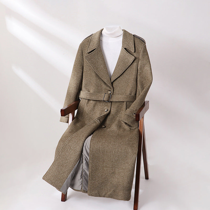 Men's Maxi-Length Wool Blend Overcoat with Boxy Silhouette, Shawl Collar and Decorative Epaulettes Mune Fashion