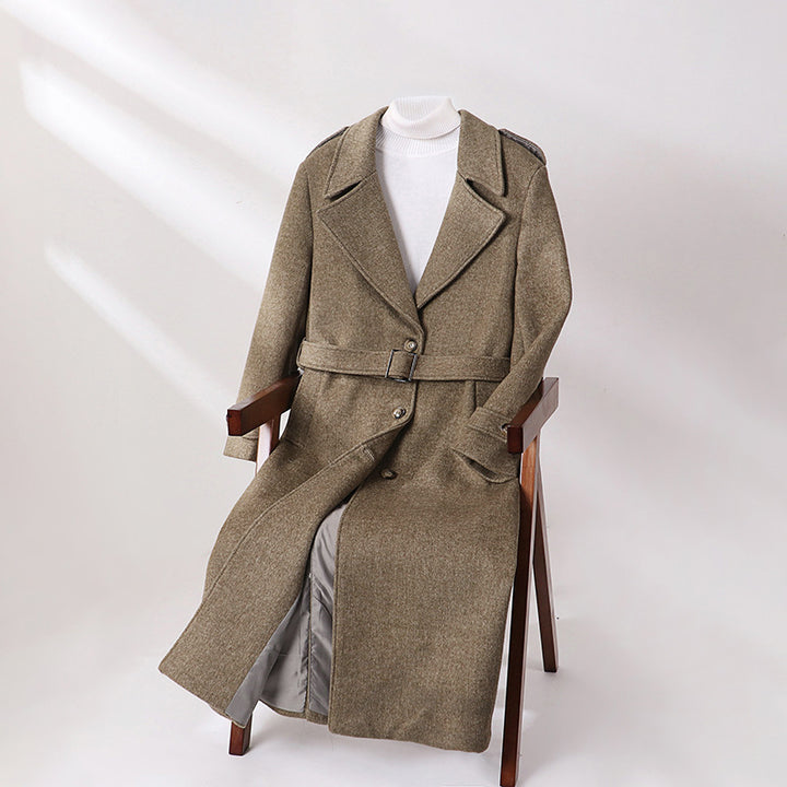 Men's Maxi-Length Wool Blend Overcoat with Boxy Silhouette, Shawl Collar and Decorative Epaulettes Mune Fashion
