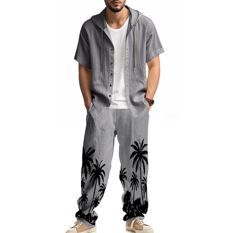 Men's casual summer ensemble with hoodie and wide palm motif pants Mune Fashion