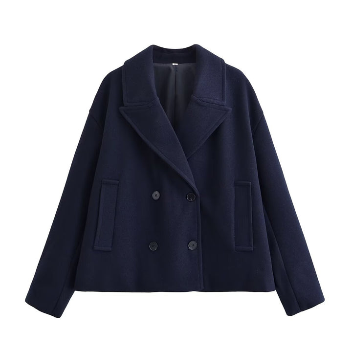 Women short cut wool blend peacoat with wide lapels and side pockets Mune Fashion