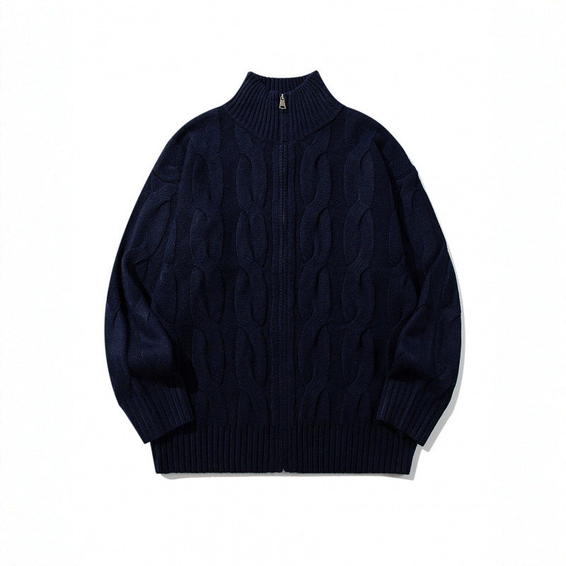 Unisex Chunky Knit Zip-up Cardigan with Cable Pattern and High Ribbed Collar Mune Fashion