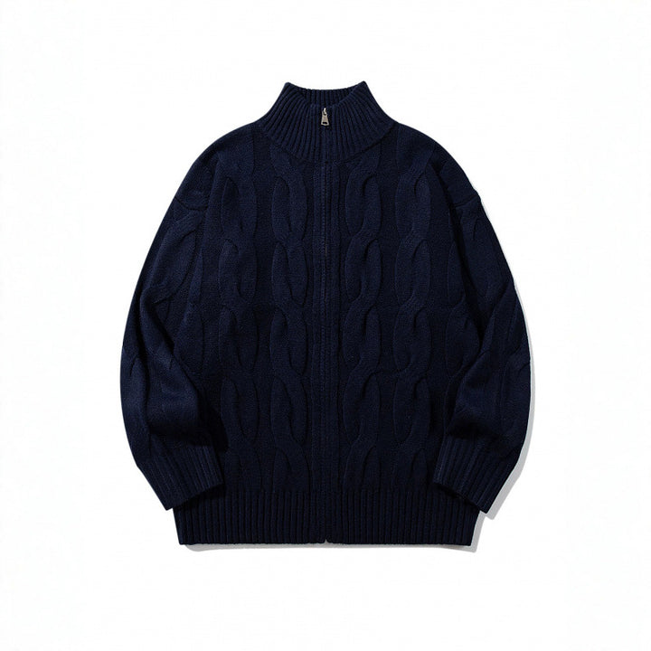Unisex Chunky Knit Zip-up Cardigan with Cable Pattern and High Ribbed Collar Mune Fashion