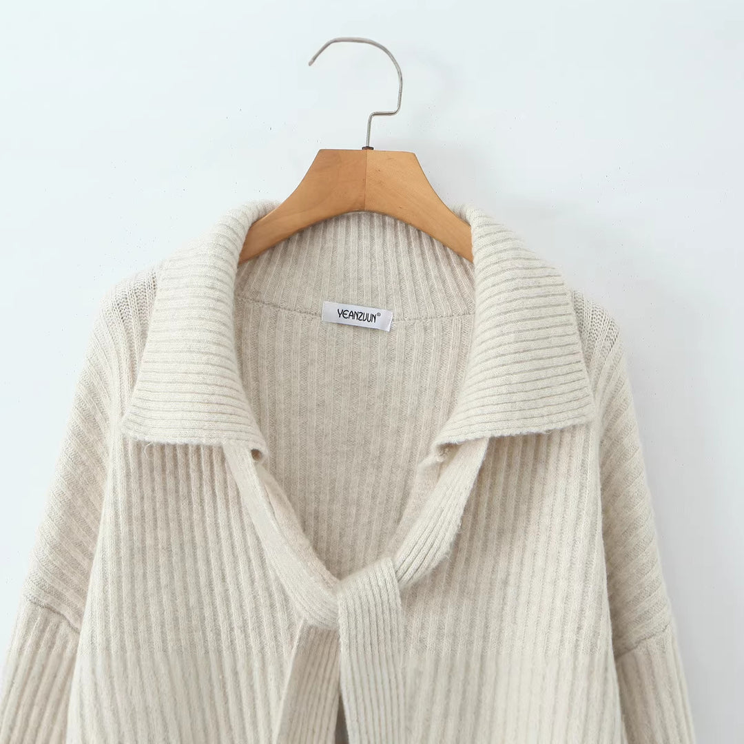 Women Ribbed Knit Two-Piece with Wide V-Neck, Long Scarf and Palazzo Pants Mune Fashion