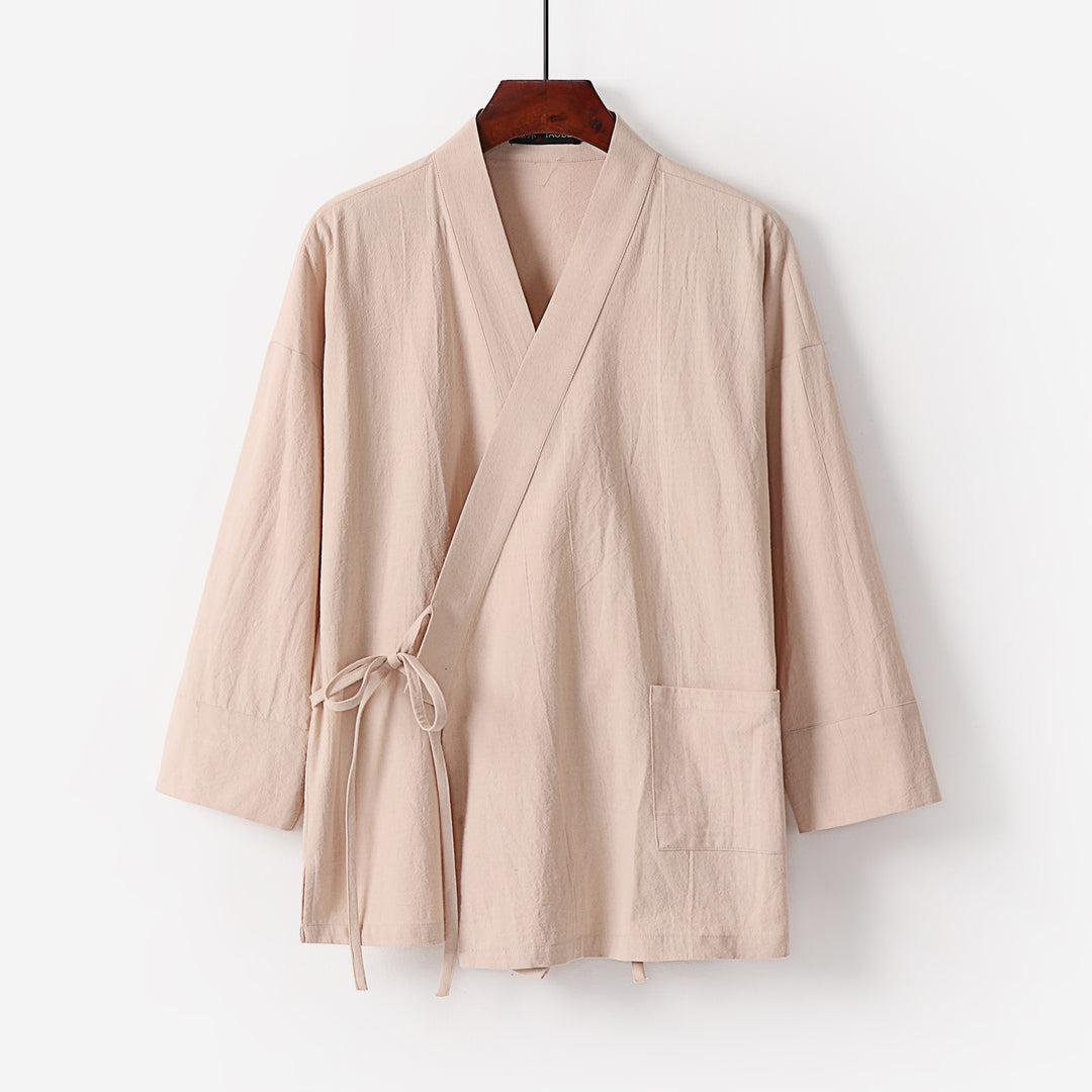 Ladies Kimono Cardigan made of cotton-linen with three-quarter sleeves, tie belt and patch pockets Mune Fashion