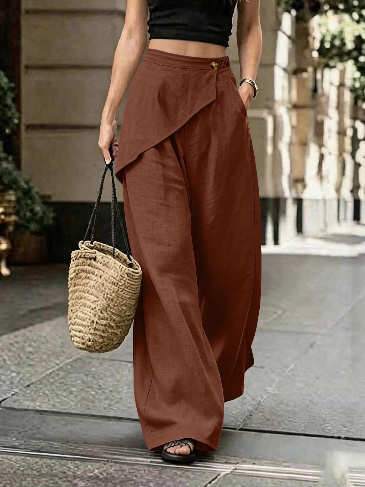 Ladies Light Linen Trousers with Wrap Front and Wide Leg Mune Fashion