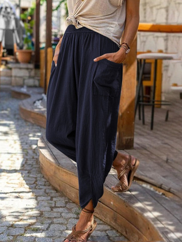 Women’s casual harem pants with elastic smock waistband, patch pockets, and gathered ankle cuffs Mune Fashion