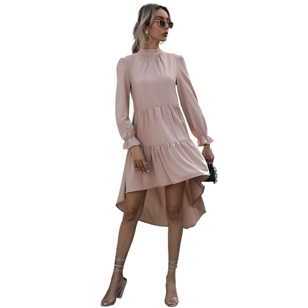 Women Asymmetric Tiered Midi Dress with Stand Collar, Long Sleeves and Ruffle Hem Mune Fashion