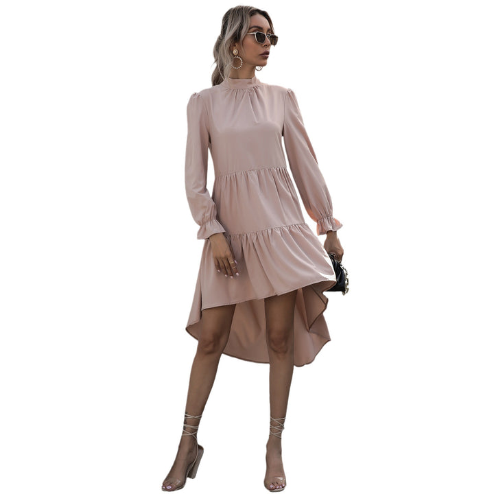 Women Asymmetric Tiered Midi Dress with Stand Collar, Long Sleeves and Ruffle Hem Mune Fashion