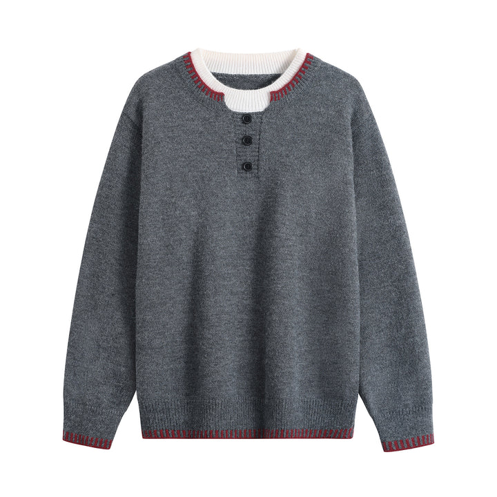 Unisex fine knit henley sweater with contrasting ribbed collar & three-button placket Mune Fashion