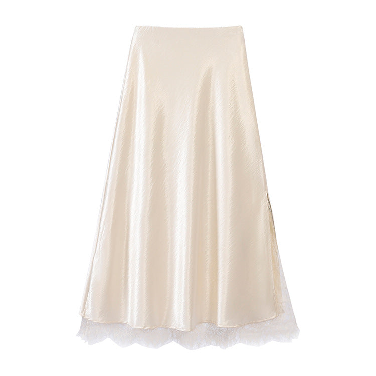 Women's satin midi skirt with delicate lace trim and flowing A-line down
