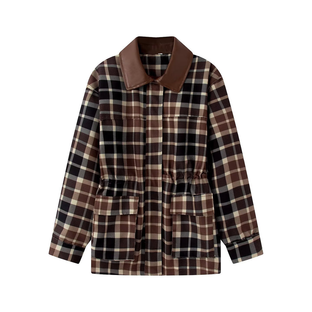 Women's Checkered Overshirt Coat with Faux Leather Collar and Waist Drawstring Mune Fashion
